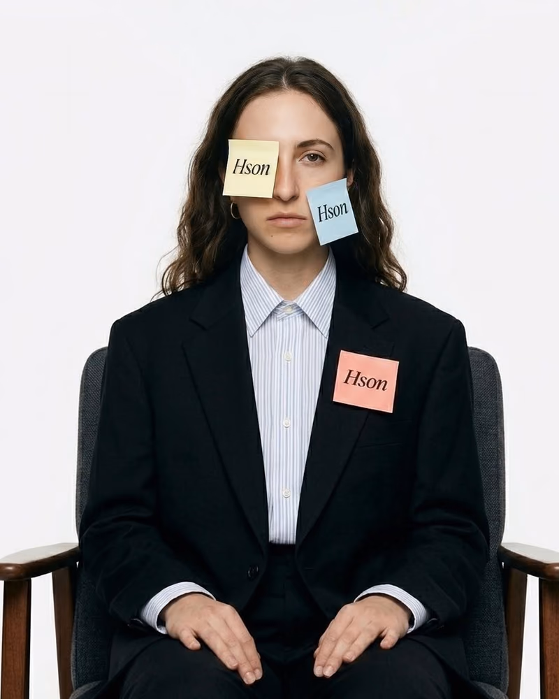 Hson campaign portrait: model in a black suit covered in Hson sticky notes