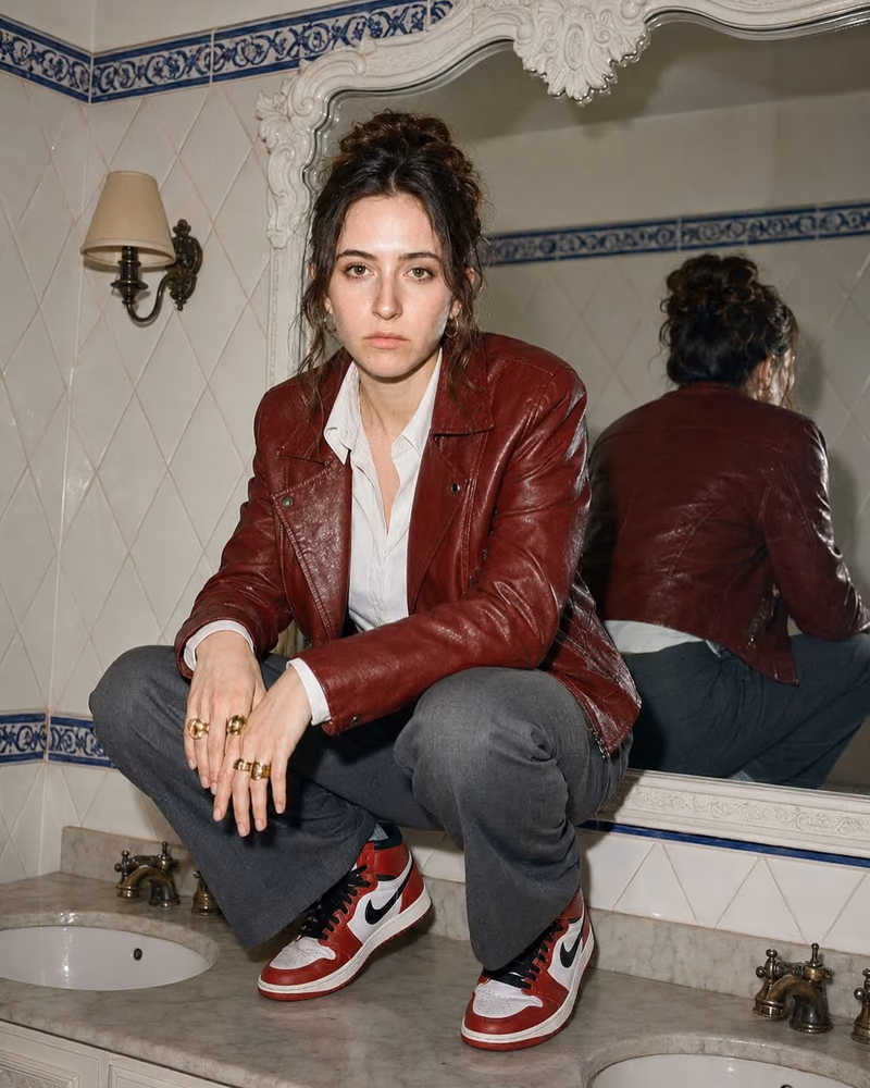 Hson campaign portrait: model in a red leather jacket seated on a bathroom counter